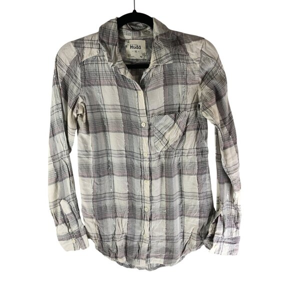 Mudd Womens Plaid Flannel Button-Up Shirt Metallic Gray White Silver XS - Picture 1 of 3
